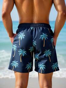 Manfinity Swimmode Men's Palm Tree Pattern Casual Elastic Waist Drawstring Beach Shorts - Navy Blue - View 2
