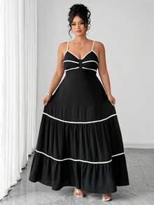 Elenzga 大码女装夏季新款黑白撞色度假风复古性感束腰木珠吊带连衣裙。适合场合：度假、日常休闲穿着、轻度社交场合、约会、正式活动、小型晚宴、小型派对、朋友聚会。 - 黑與白 - 查看 5