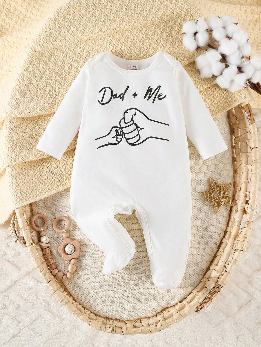 SHEIN Newborn Letter Print Long Sleeve Footed Jumpsuit, Cute Style, Simple & Fashionable, White Background
