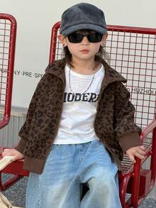 Dazy Kids 幼儿男童宽松豹纹领卫衣，休闲秋季款 - 棕色 - 查看 3