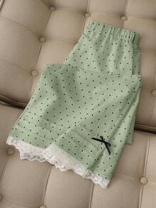 Franclia 女士极简波点蕾丝边阔腿裤 - 綠色 - 查看 1
