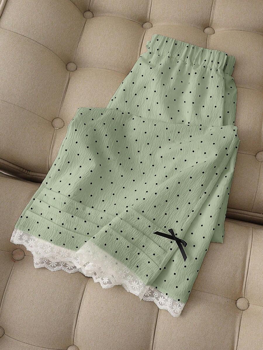 Franclia 女士极简波点蕾丝边阔腿裤 - 綠色 - 查看 1