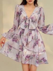 DAZY 法式粉色碎花V领长袖连衣裙，系带雪纺A字迷你裙，春季吊带裙 - 杏色 - 查看 5