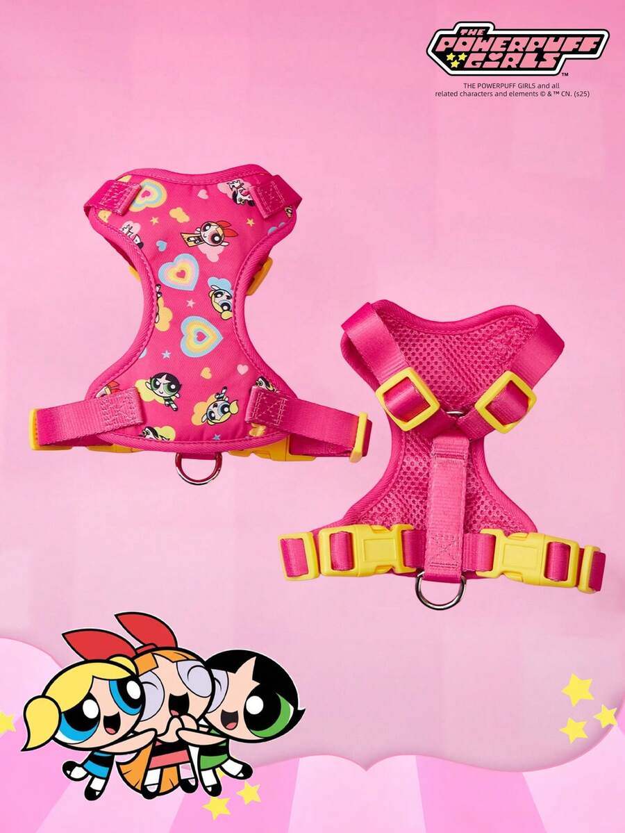 THE POWERPUFF GIRLS X PETSIN Cartoon Heart Print Pet Harness, Suitable For Cute Pets - Red - View 1