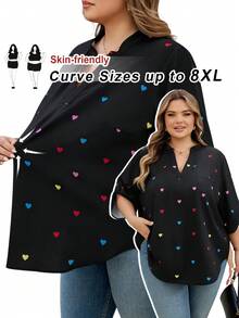 SHEIN CURVE+ 加大码女式V领爱心印花休闲日常通勤中袖衬衫/情人节/大码女式V领爱心印花休闲日常通勤中袖衬衫 - 彩色 - 查看 1