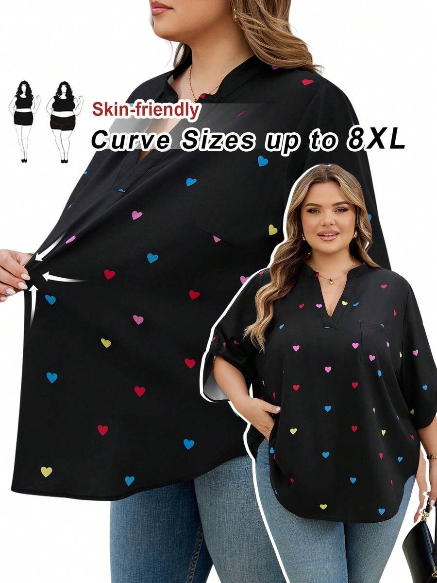 SHEIN CURVE+ 加大码女式V领爱心印花休闲日常通勤中袖衬衫/情人节/大码女式V领爱心印花休闲日常通勤中袖衬衫 - 彩色 - 查看 1