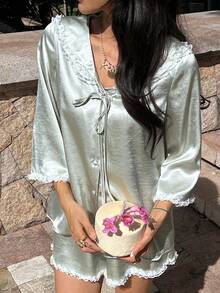 DAZY Satin Lace Trim Sailor Collar Women Pajama Set, Sweet & Glossy - Green - View 3