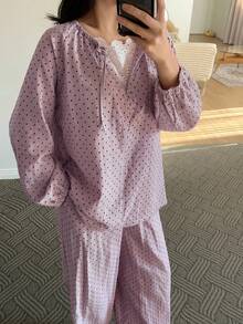 DAZY 波点印花宽松灯笼袖女士睡衣套装 - 紫色 - 查看 8