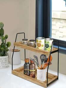 Countertop Coffee Station Organizer, 2 Tier Wooden Shelf For Coffee Bar Accessories, Condiment Storage Caddy For Kitchen, Home, Office - Brown, Kitchen Storage Utensils, Room Decoration, Suitable For Kitchen, Restaurant, Party, Camping, Gathering, Gift For Friends, Family Gift - Multicolor - View 2