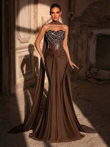 Glamrae Elegant Luxurious Beaded Bubble Floral Sequin Patchwork Elastic Knit Swimsuit Fabric Ruched Mermaid Skirt, Suitable For Weddings, Parties, Vacations, Galas, Evening Dresses (Heavy-Duty) - Brown - View 6