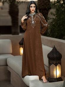 Layrah Coffee Color Jacquard Embroidered Rhinestone Embellished Long Sleeve Arabic Style Dress Luxury Dress For Women  Modest Full Length Jalabiya, Casual Long Sleeve Maxi Dress - Coffee Brown - View 8