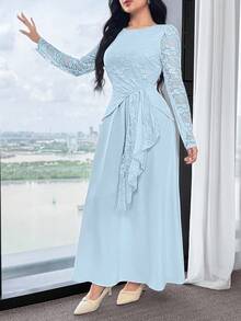 Feyla Vestido elegante de mujer con parches de encaje de unicolor - Azul Agua - Ver 6