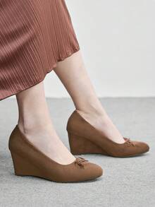 CUCCOO BIZCHIC Brown Suede Retro Bow Tie Wedge Shoes, Elegant And Commuting-Friendly - Coffee Brown - View 5