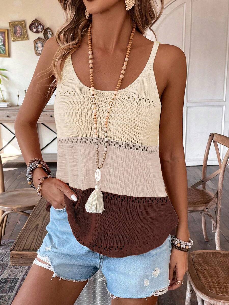 Breezaya Women's Vacation Contrast Color Hollow Out Casual Knit Camisole - Multicolor - View 1