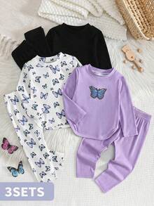 SHEIN Bộ đồ đôi thoải mái, rộng rãi cho bé gái, cổ tròn, in hình gấu dễ thương, gồm áo thun và quần dài dệt kim gân, thích hợp cho mùa thu/đông. - Nhiều màu - Xem 2