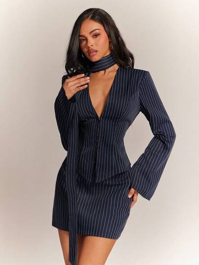 Radiana Navy Blue Striped Elegant Sexy 3-Piece Suit Set, Vintage Fashion Blazer Jacket + Low-Waist Skirt + Scarf (With Shoulder Pads), Navy Blue Blazer Suit Set, Navy Blue Business Suit Set, Women Blazer Jacket + Skirt Set, Skirt Suit Set, Urban Lady Suit Set, Old Money Style Suit Set, Professional Outfit, Office Suit, Date Night Outfit, Slim Fit Minimalist Suit Set