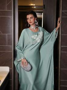 Al Najma 女士春夏绿色编织圆领长袖连衣裙，饰有3D水钻，优雅土耳其和阿拉伯传统束腰外衣 - 綠色 - 查看 5