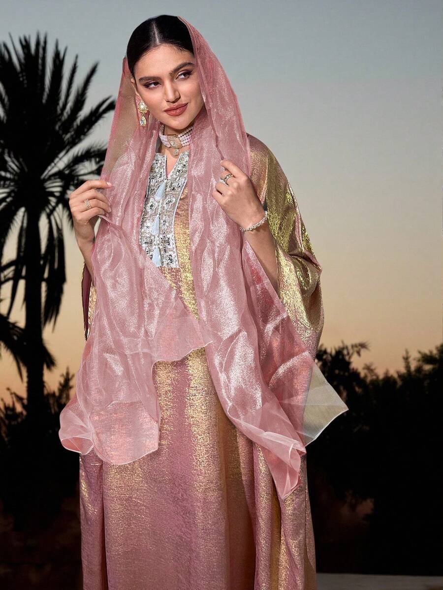 Al Najma Gaun Panjang Tradisional Wanita Elegan untuk Liburan, Lengan Kelelawar Longgar, Motif Patchwork, Pita, dan Rumbai, Musim Semi/Musim Gugur