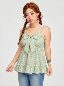 ROMWE Kawaii Top de tirantes con volantes y lazo decorativo a cuadros, estilo casual de verano - Multicolor - Ver 3