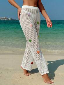 Swim Vcay Women's Colorful 3D Floral Hollow Out Knitted Beach Cover Up Pants - White - View 6