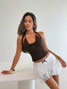 Aloruh 女士性感Y2K棕色系带露背短款上衣，春季女装，外出上衣，夏季上衣，夏季度假装 - 棕色 - 查看 6