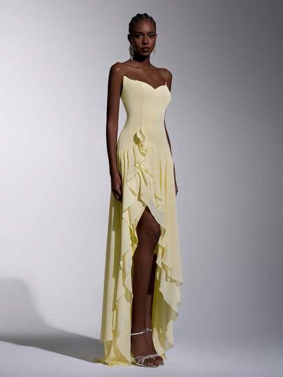 Elitara Vintage Romantic Athens Style Off-Shoulder Cat Collar Bodycon Slit Ruffle Hem Dress, Suitable For Afternoon Tea, Business Events, And Various Occasions Such As Formal Dances, Net Feeling Formal Dress, Formal Dress