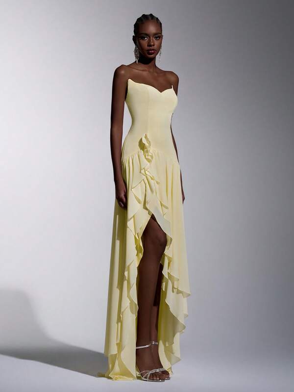 Elitara 复古浪漫雅典风露肩猫领修身开衩荷叶边连衣裙，适合下午茶、商务活动以及正式舞会等各种场合，网纱质感正式礼服。