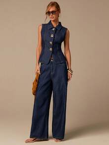 COSMINA Áo không tay cổ bẻ một hàng khuy dành cho nữ phối cùng quần jeans ống rộng, tạo nên trang phục thường ngày thoải mái, bộ đồ denim thanh lịch dành cho nữ, được trang trí bằng các nút kim loại lớn, thiết kế nút kim loại độc đáo, bộ đồ denim hai mảnh màu xanh dương, bộ đồ denim cho mùa xuân/hè, bộ đồ denim thanh lịch dành cho nữ. - Màu xanh lam - Xem 1