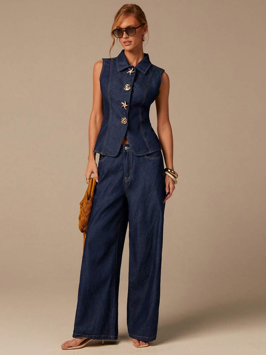 COSMINA Áo không tay cổ bẻ một hàng khuy dành cho nữ phối cùng quần jeans ống rộng, tạo nên trang phục thường ngày thoải mái, bộ đồ denim thanh lịch dành cho nữ, được trang trí bằng các nút kim loại lớn, thiết kế nút kim loại độc đáo, bộ đồ denim hai mảnh màu xanh dương, bộ đồ denim cho mùa xuân/hè, bộ đồ denim thanh lịch dành cho nữ. - Màu xanh lam - Xem 1