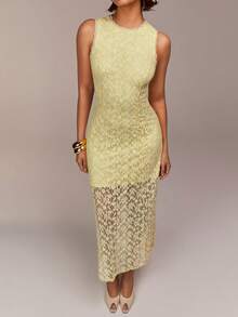 COSMINA Vestido elegante de mujer sin mangas con corte evasé de encaje, adecuado para invitada de boda, Día de San Valentín, fiesta, cita, vacaciones, fiesta de noche - Amarillo claro - Ver 7