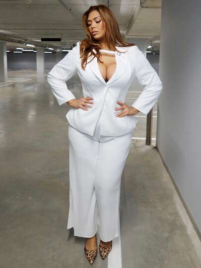 MelDlgn 大码曲线秋冬优雅通勤商务派对大码女士黑色正式腰部西装外套和阔腿裤女士两件套西装商务休闲女装女士西装外套套装女士裤子套装女士裤装套装公司套装女士工作服女士西装