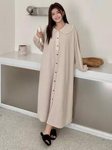 Dazy Plus 大码女式彼得潘领撞色蕾丝半开襟宽松长款休闲睡裙，春秋季 - 杏色 - 查看 7