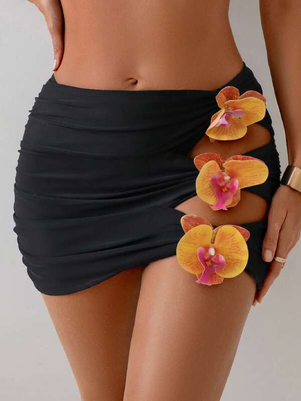 Swim Lushoire Women's Summer Vacation Beach 3D Floral Pleated Wrap Skirt