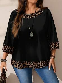 EMERY ROSE Women's Leopard Print Contrast Color Round Neck 3/4 Sleeve Blouse, Suitable For Spring/Summer Carnival,Casual - Multicolor - View 5