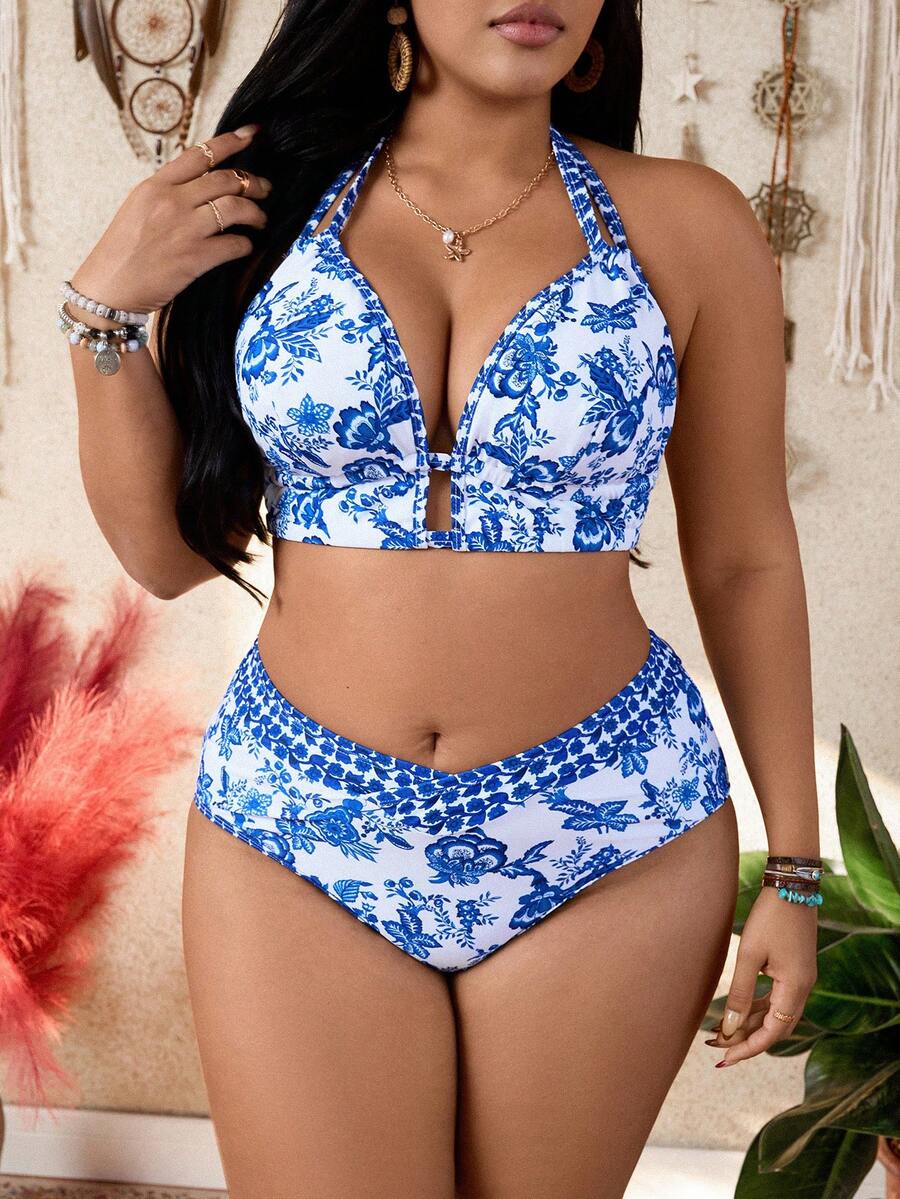 Swim Lushoire 加大码欧美风豹纹吊带珍珠装饰连体泳衣，显瘦 - 藍色 - 查看 1