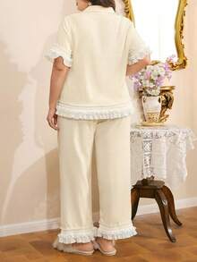 Côtesoire Plus Size Elegant Lace Contrast Color Cardigan Pajama Set - Apricot - View 2