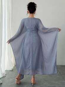 DAZY Women's Round Neck Waist Cinched Extra Long Sleeve Textured Fabric Elegant Dress - Blue - View 5