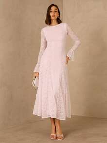 Enchnt Đầm dài nữ thanh lịch với tay áo xếp ly ren, thắt eo, thích hợp cho các buổi tiệc, liên hoan và hẹn hò. - Hồng - Xem 1