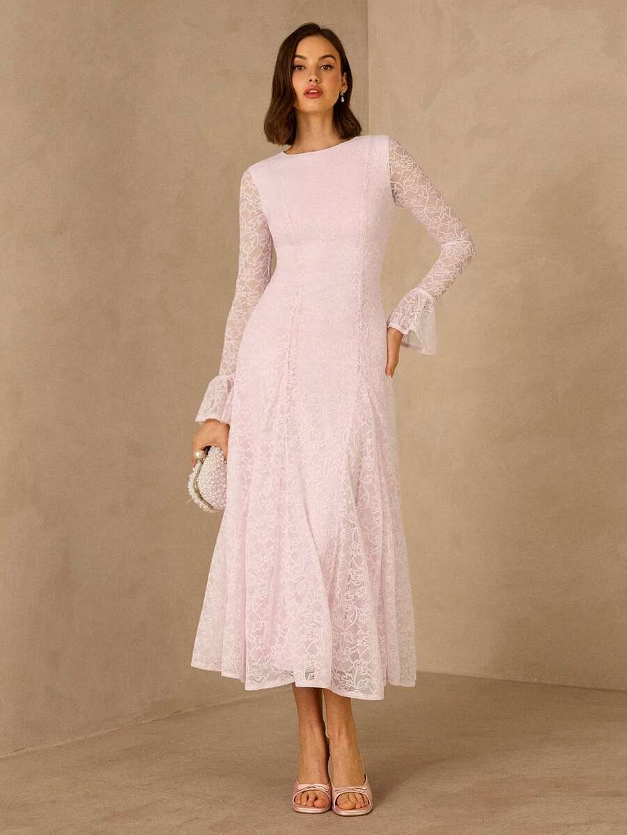 Enchnt Đầm dài nữ thanh lịch với tay áo xếp ly ren, thắt eo, thích hợp cho các buổi tiệc, liên hoan và hẹn hò. - Hồng - Xem 1