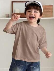 Hapijoa Young Boy Casual Everyday Commute Simple Solid Color Dropped Shoulder Loose T-Shirt, Summer Spring - Coffee Brown - View 3