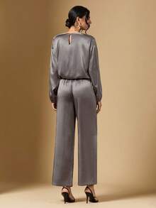 Briarwyn Autumn 2pcs Women Solid Color Satin Round Neck Top And Wide Leg Pants With Slant Pockets Set Party Night Light Grey Elegant Office Dinner Bar Party - Grey - View 2