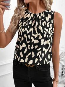 SHEIN Clasi 女士休闲无袖褶皱豹纹衬衫，夏季度假风 - 彩色 - 查看 3