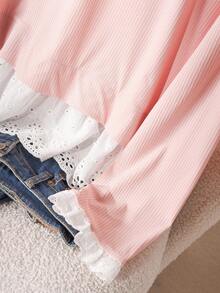 CosyJoli 大码女式蕾丝边针织长袖T恤，休闲T恤，春秋季 - 粉色 - 查看 4