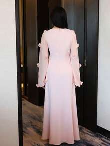 Women's Solid Color 3D Floral Decor Square Neck Lantern Sleeve Elegant Dress - Baby Pink - View 2