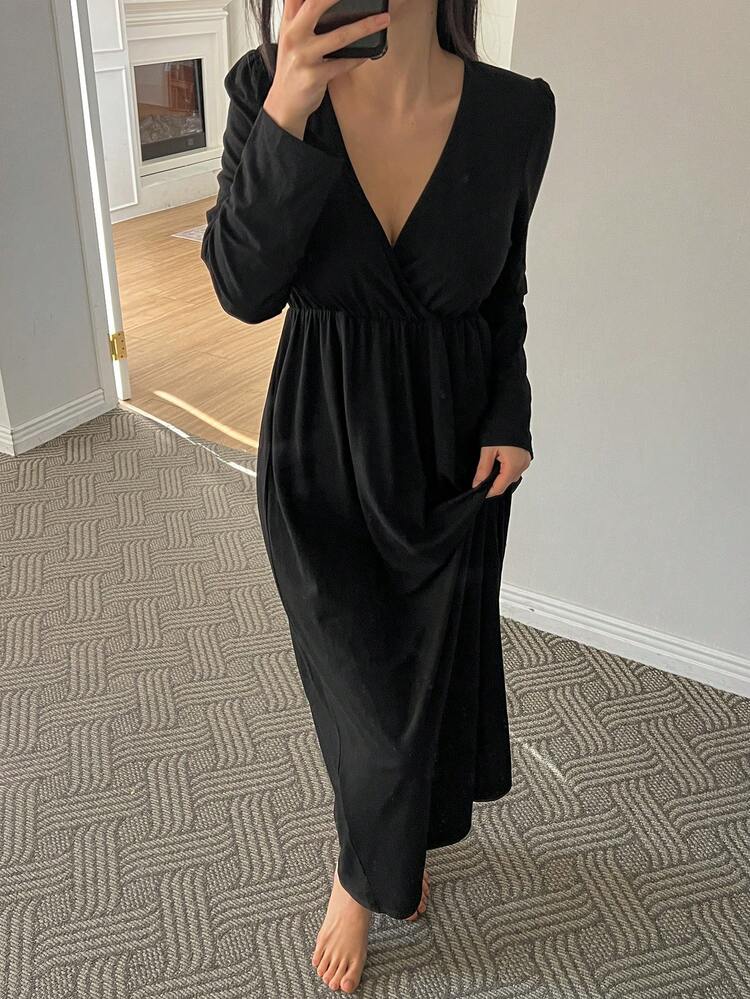 Solid Color Comfortable Knit Waist-Cinched Long Dress Loungewear For Women