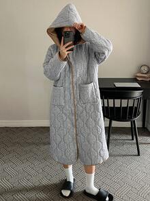 DAZY Women's Thick Quilted Cable Textured Loose Fit Robe, Winter - Grey - View 10