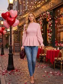 Amorya Women's Elegant New Ruffle Trim Loose Blouse, Versatile Casual Shirtcarnival Costume Women Valentine's Day  Summer Outfits  Vacation Outfits Women  Carnival Costume Pink Blouse - Pink - View 3