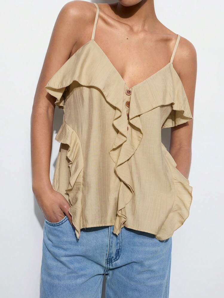 SHEIN Maija Women's Deep Tan Half V-Neck Layered Ruffle Trim Adjustable Spaghetti Strap Casual Bohemia Vacation Beach Holiday Loose Design Camisole Top, Western Wear Summer BOHO St Patrick Day Vacation