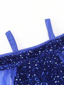 Glamorique Kids 年轻女孩优雅迷人可爱酒红色吊带露肩薄纱收腰鱼尾连衣裙，正式礼服 - 寶藍色 - 查看 7