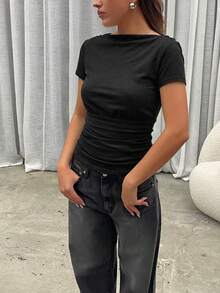 Siren Gaze Black Deep Draped Neck Backless Short Sleeve Top, Draped Collar Elegant Women's Top Fitted Tops Casual Tops Cotton Clothing Woman Low Rise Jeans Y2k Crop Tops Women Tshirt - Black - View 8